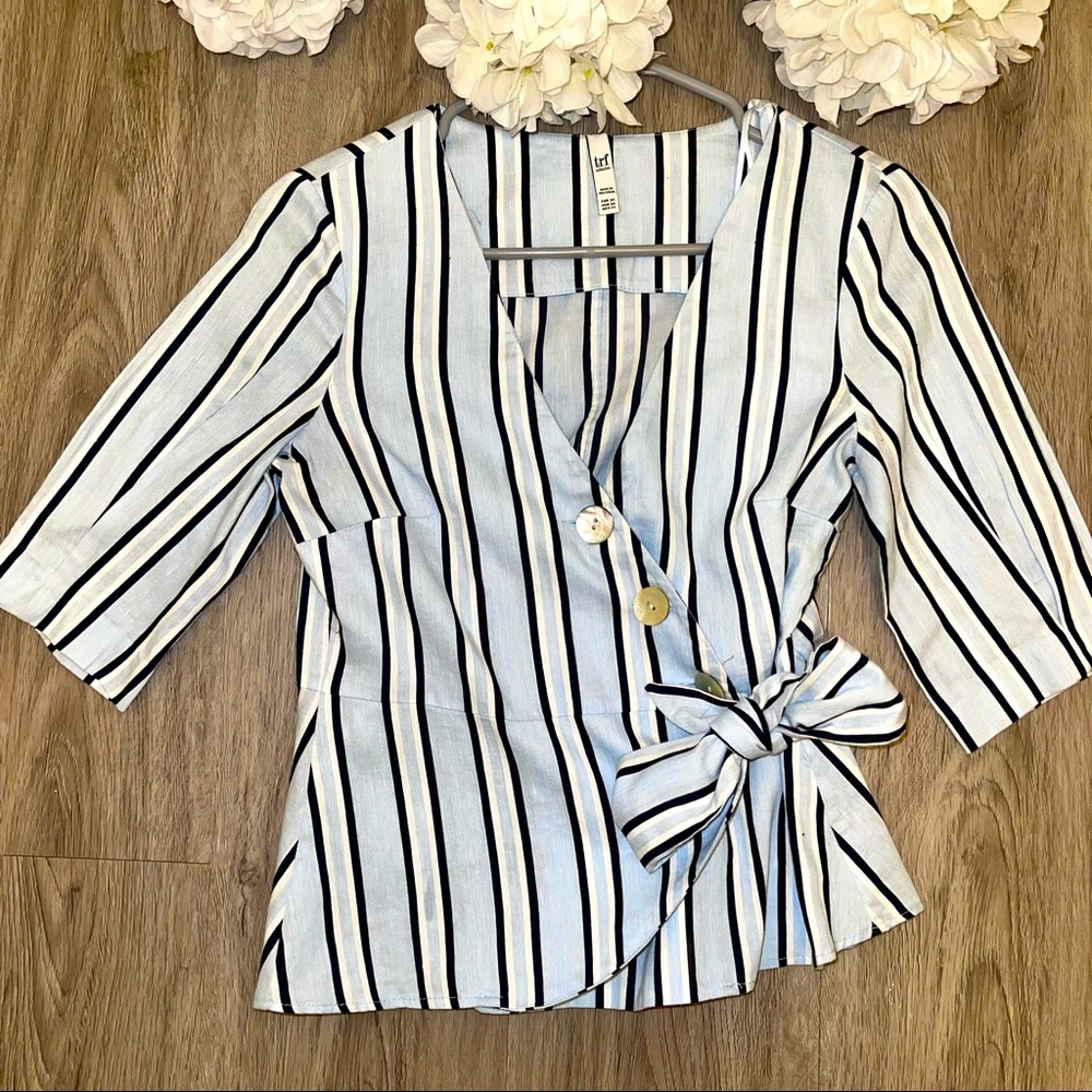 Zara TRF Linen Cotton Blouse Blue Striped Size XS